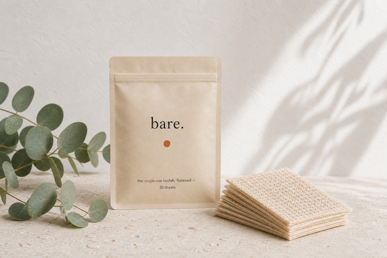 bare. cream kraft pouch of flattened single-use loofah sheets beside a fan of plant-fiber sheets and eucalyptus