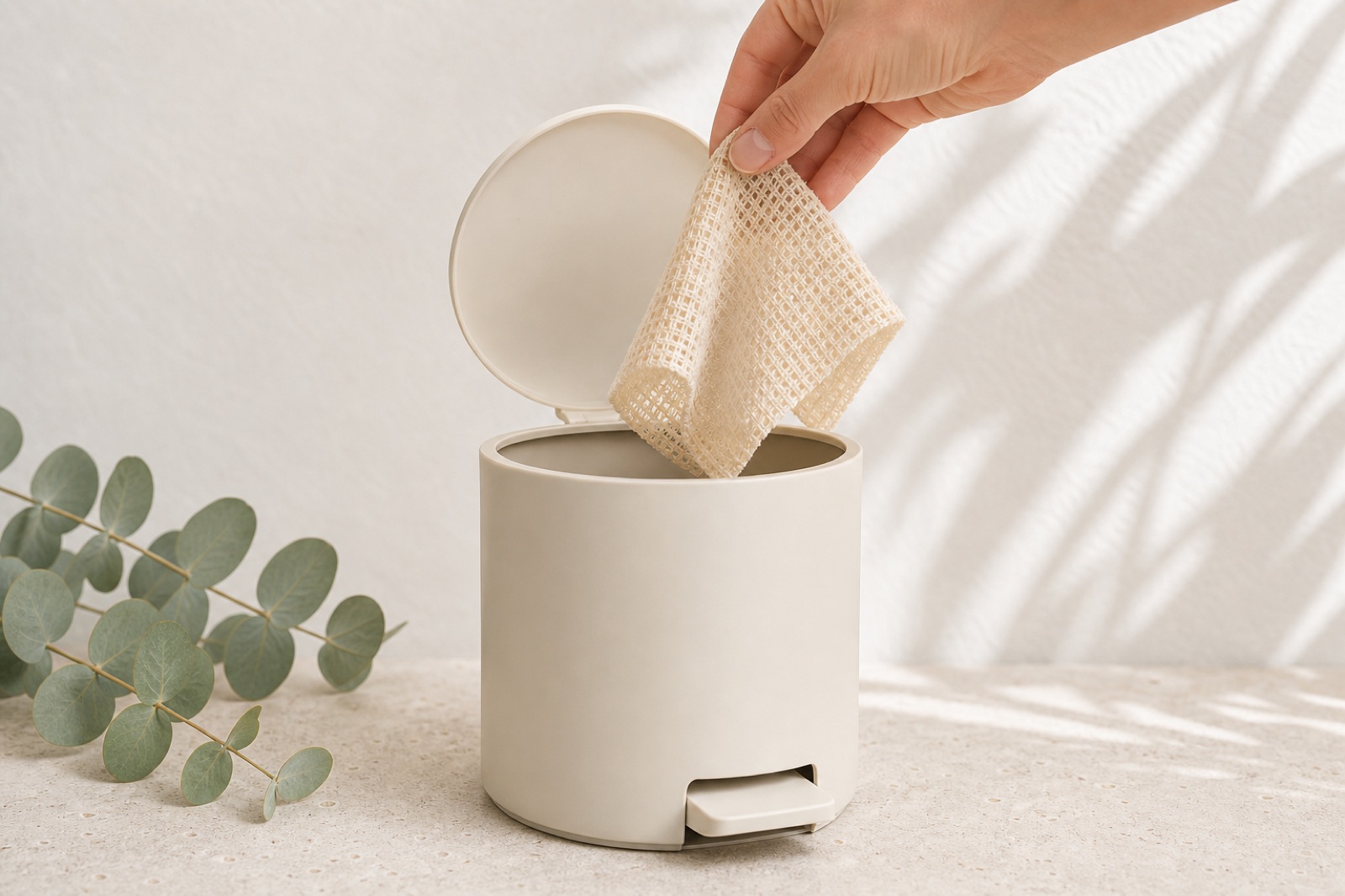 a used bare. sheet being dropped into a bathroom bin
