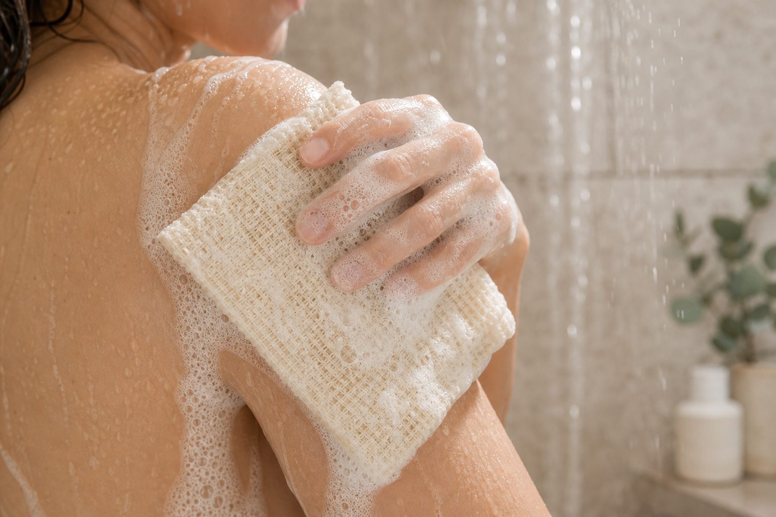 a wet, soapy bare. sheet being used to scrub in the shower