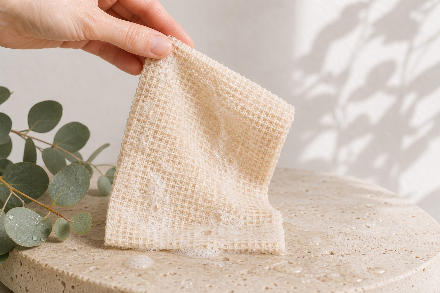 a wet bare. sheet bloomed with soap into a soft, foamy scrub cloth