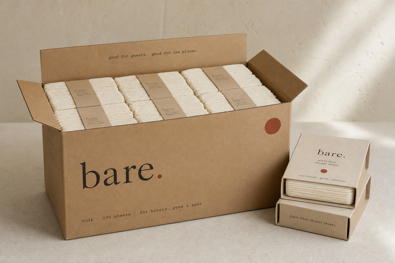 bare. bulk case — 100 plant-fiber shower sheets for hotels, gyms and spas, with two retail boxes alongside