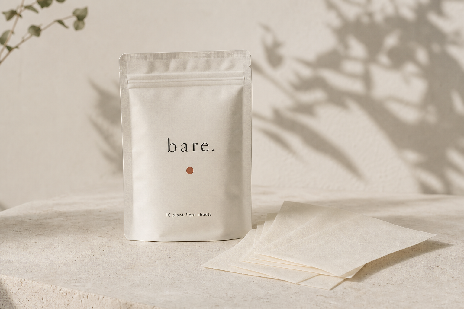 the ten — cream kraft stand-up pouch with 10 plant-fiber sheets fanned beside it