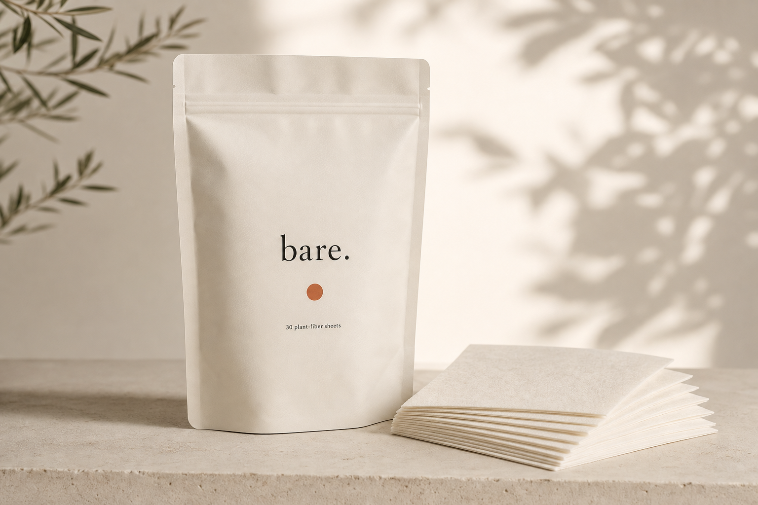 the thirty — cream kraft stand-up pouch with 30 plant-fiber sheets stacked beside it